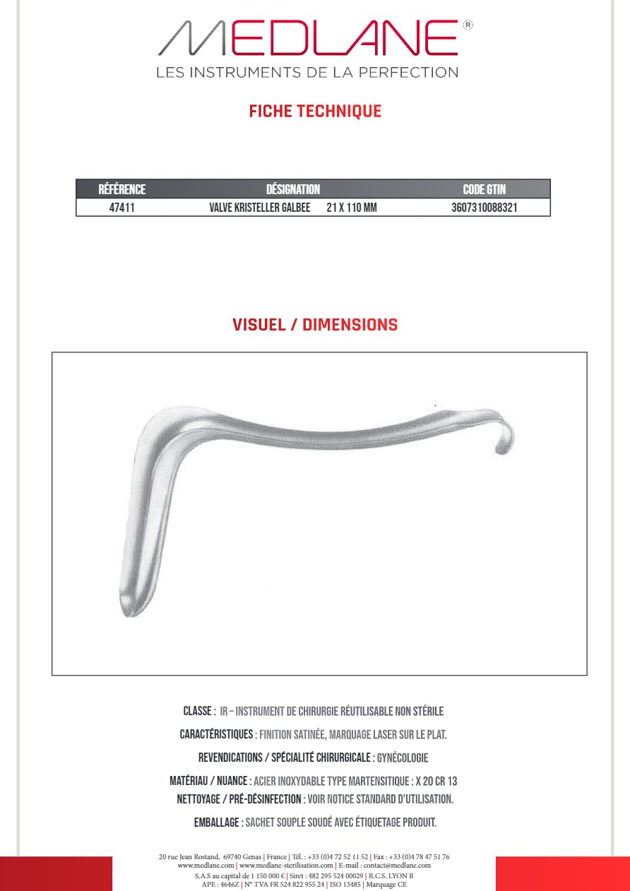 Photo produit MEDLANE : Valve Kristeller Galbee 21 X 110 mm, référence 47411