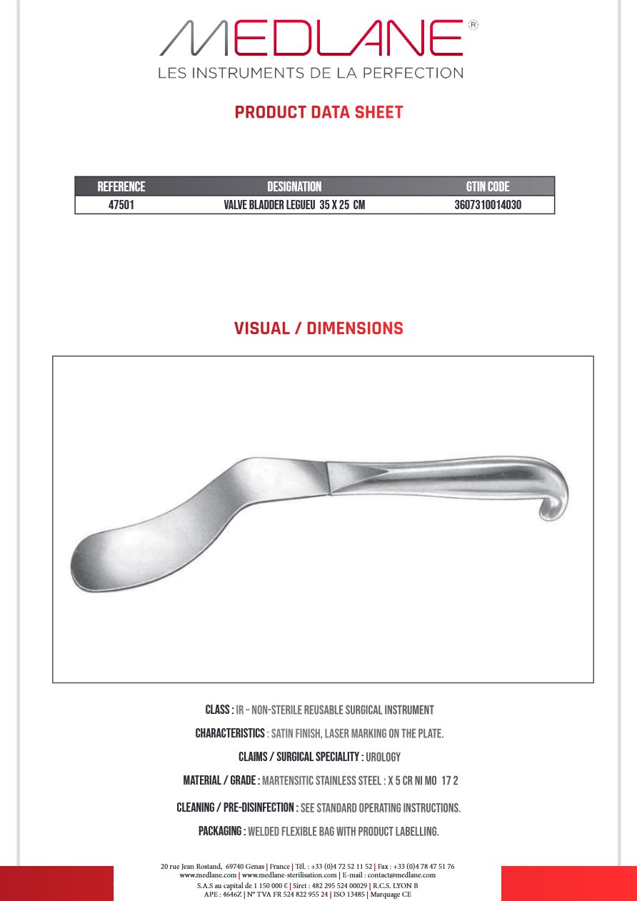 Photo produit MEDLANE : Valve Legueu Depresseur Vessie 35 X 250 mm, référence 47501
