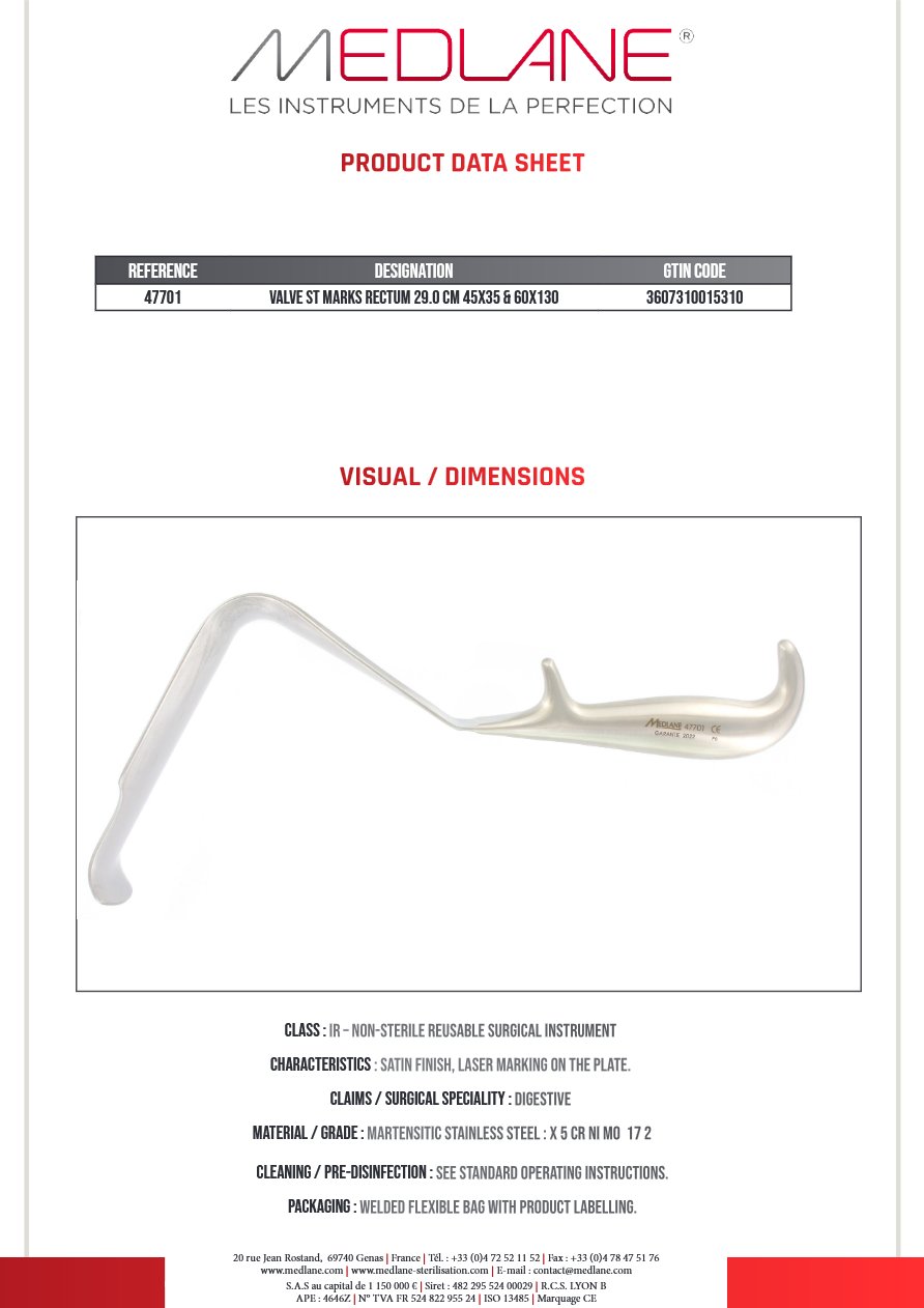 Photo produit MEDLANE : Valve St Marks Rectum 290 mm 45X35 & 60X130, référence 47701