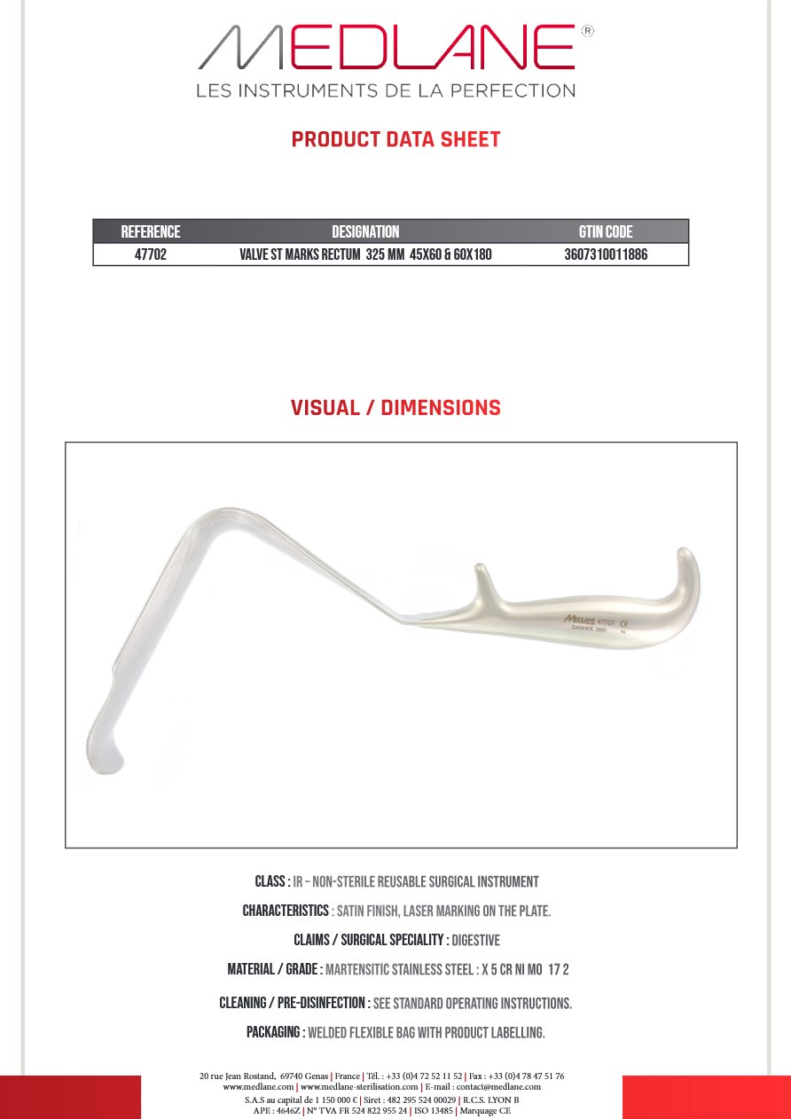 Photo produit MEDLANE : Valve St Marks Rectum 325 mm 45X60 & 60X180, référence 47702