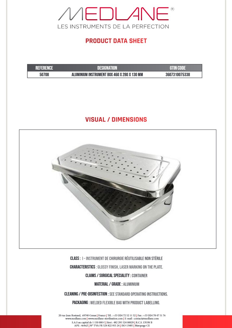 BOITE A INSTRUMENT Entérotome ALUMINIUM 460 X 280 X 130 MM — REF 50708