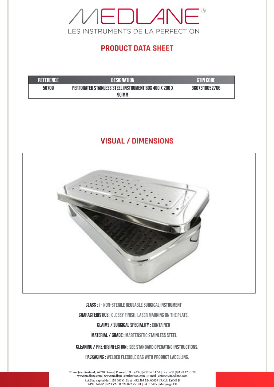 Boite a Instruments En Inox Perforé 400 X 200 X 90 mm — REF 50709
