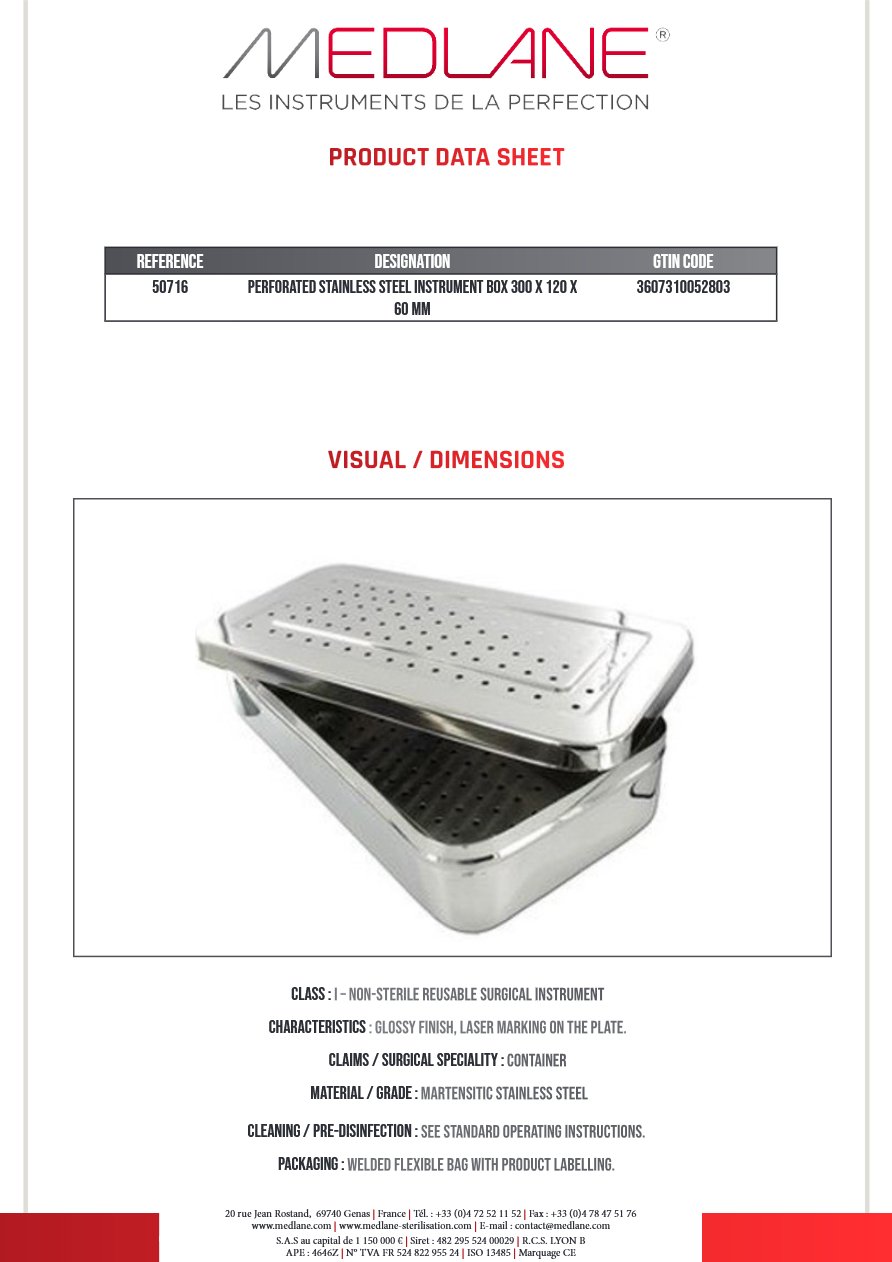 Boite a Instruments En Inox Perforé 300 X 120 X 60 mm — REF 50716