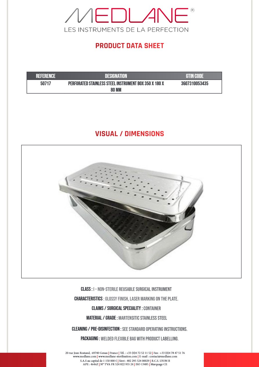 Boite a Instruments En Inox Perforé 350 X 180 X 80 mm — REF 50717