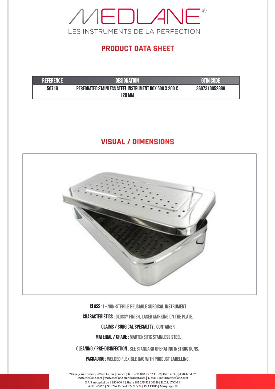 Boite a Instruments En Inox Perforé 500 X 200 X 120 mm — REF 50718