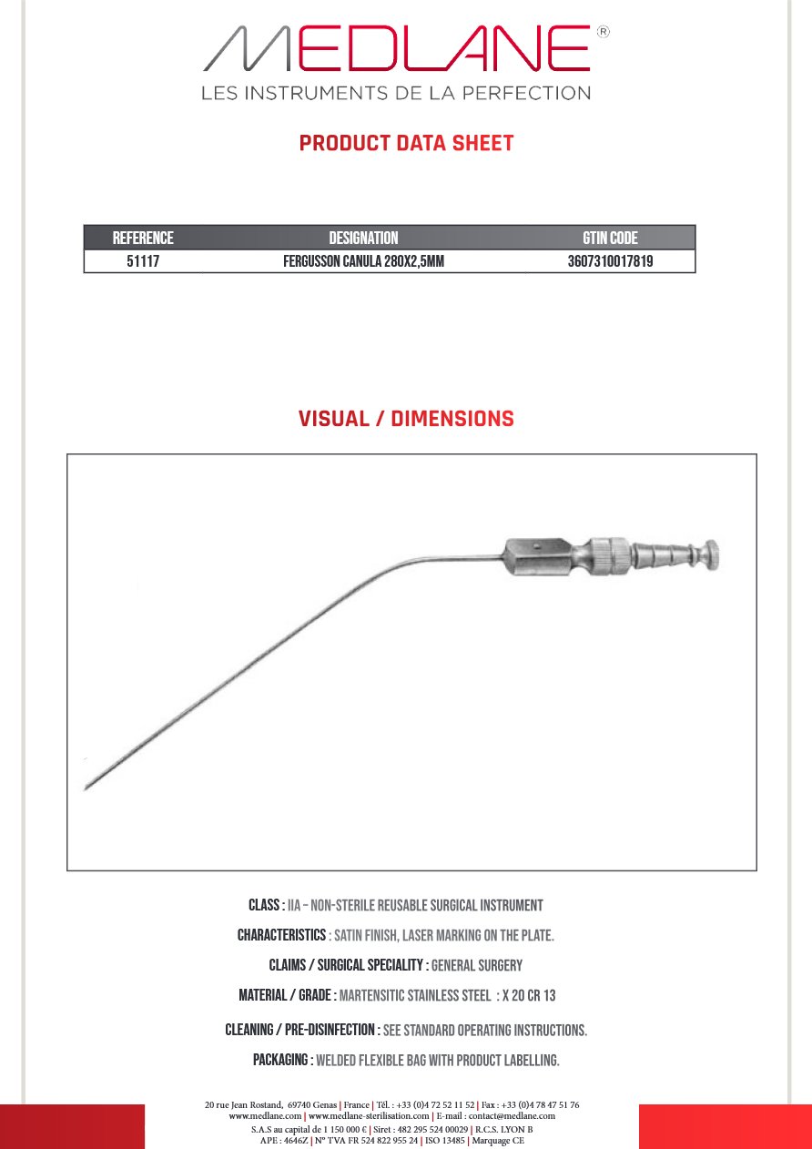 Photo produit MEDLANE : Canule Aspiration Fergusson Long Total 280MM Long Util 200MM Diamètre 2,5MM, référence 51117