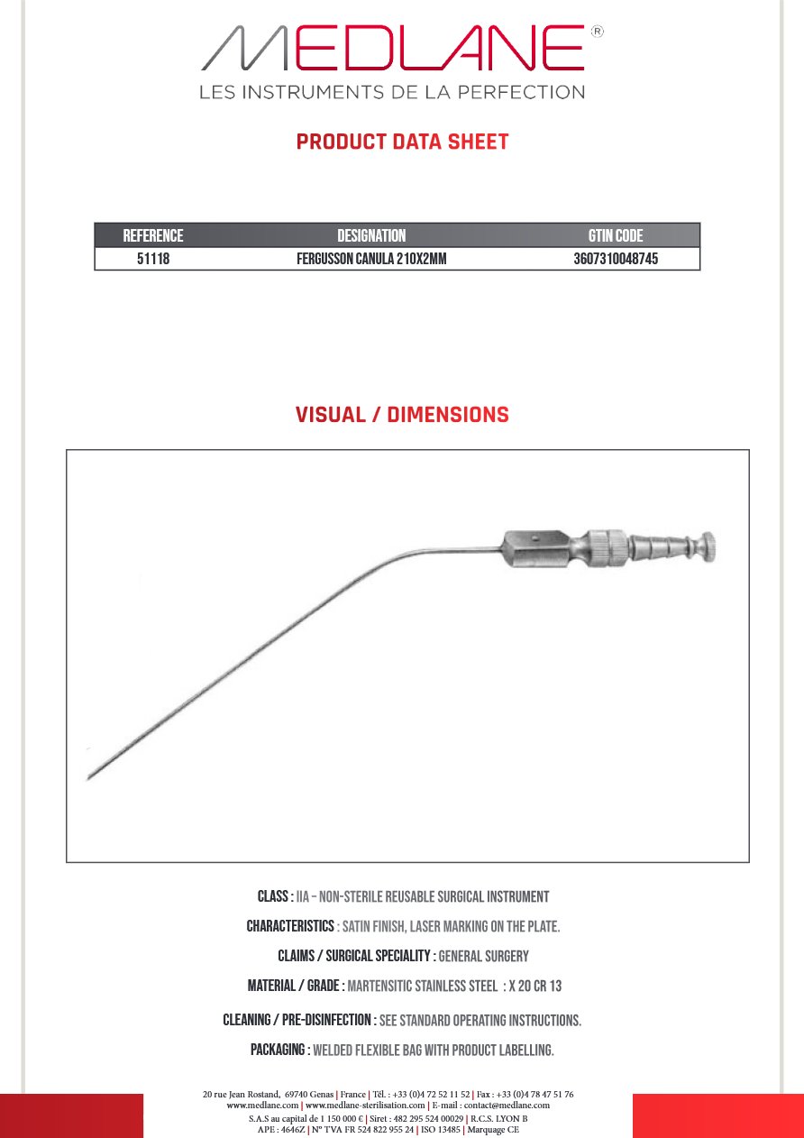Photo produit MEDLANE : Fergusson Canula 210x2mm, référence 51118