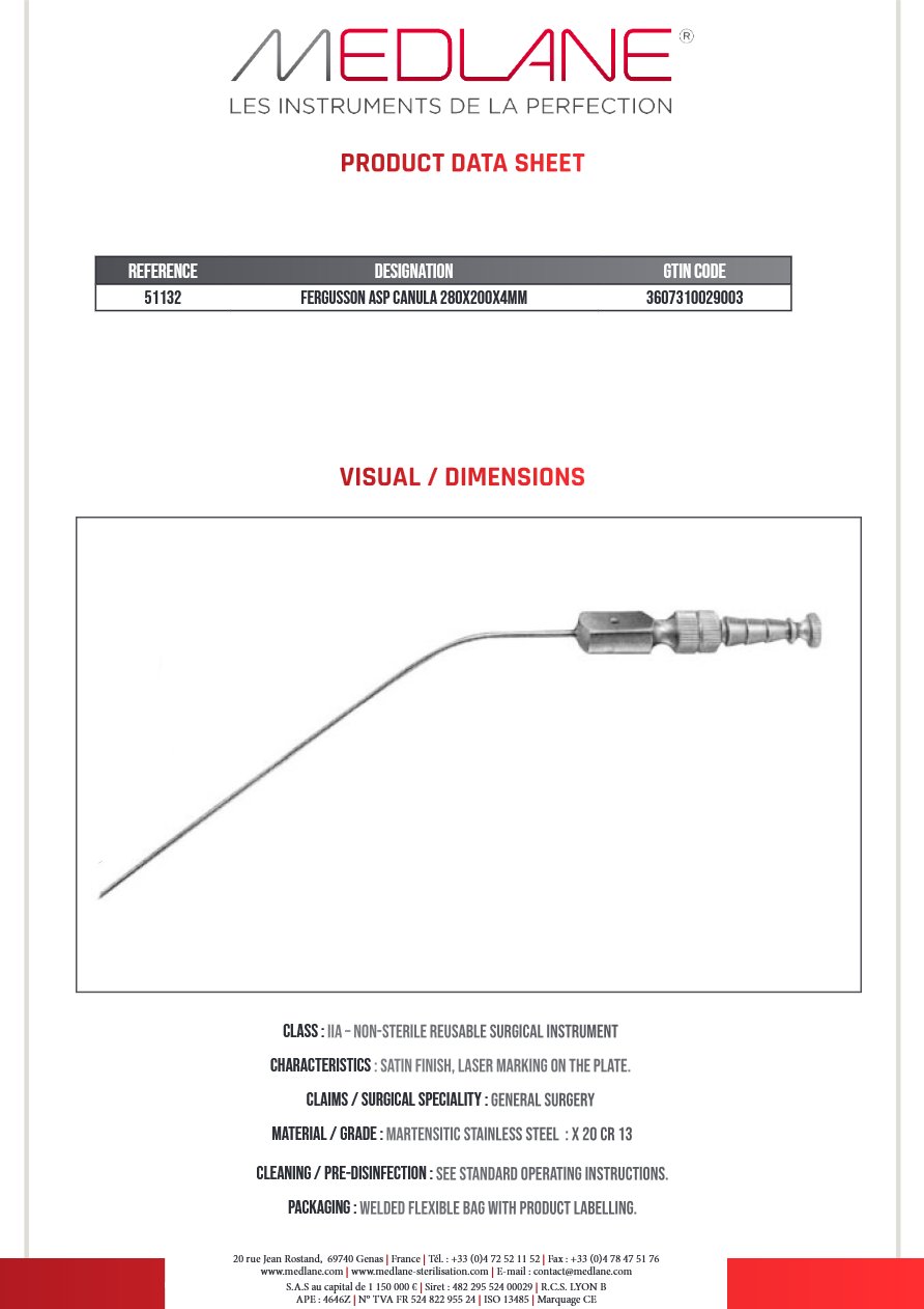 Photo produit MEDLANE : Canule Aspiration Fergusson Long Total 280MM Long Util 200MM Diamètre 4MM, référence 51132