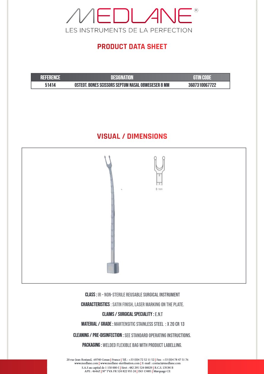 Ciseaux A Os Osteotome Septum Nasal Obwegeser 8 Mm — REF 51414
