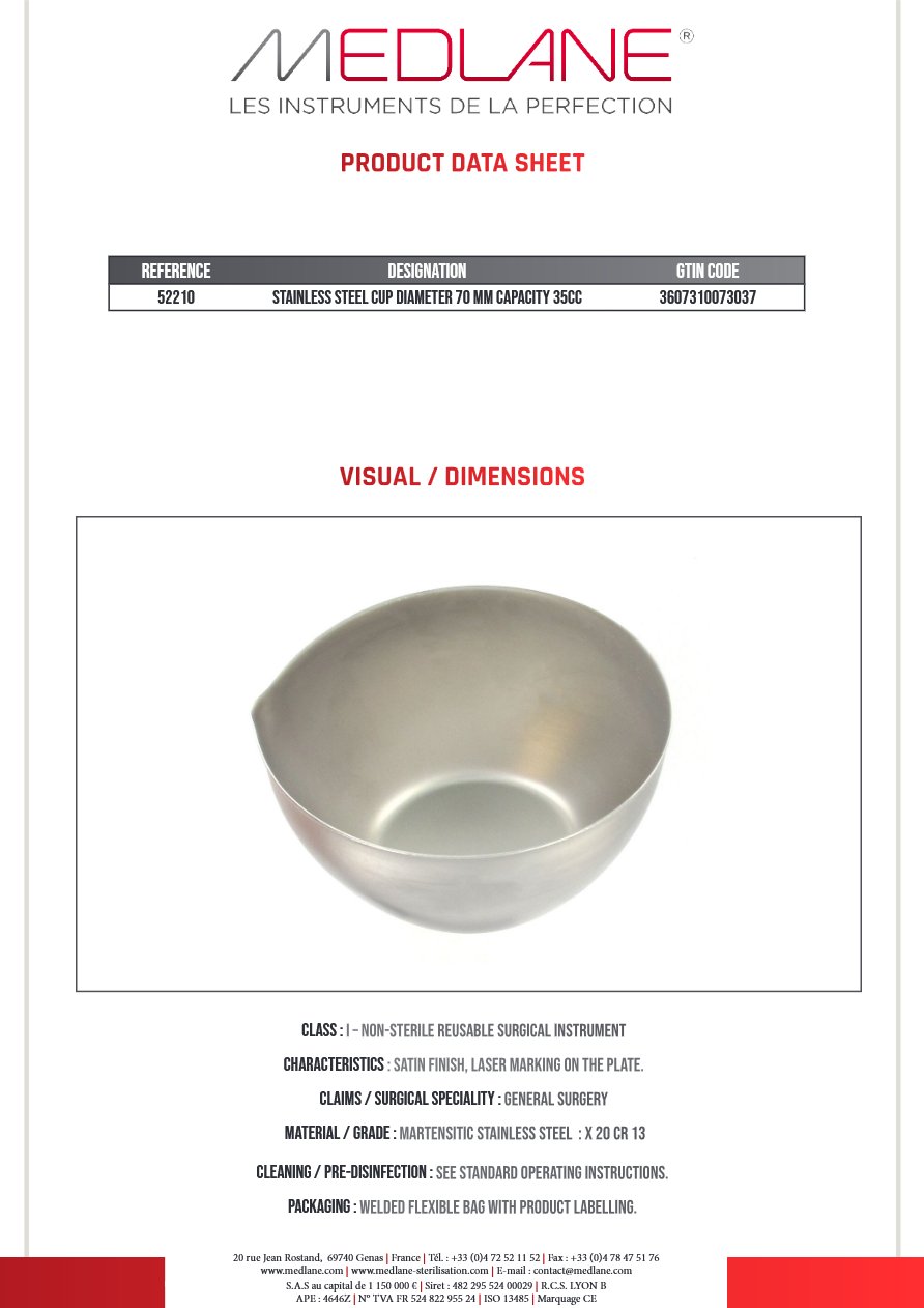 Cupule Inox Diamètre 70 mm Capacite 85CC — REF 52210