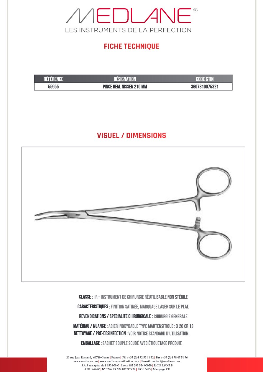 Photo produit MEDLANE : Pince Hémostatique Nissen 210 mm, référence 55955