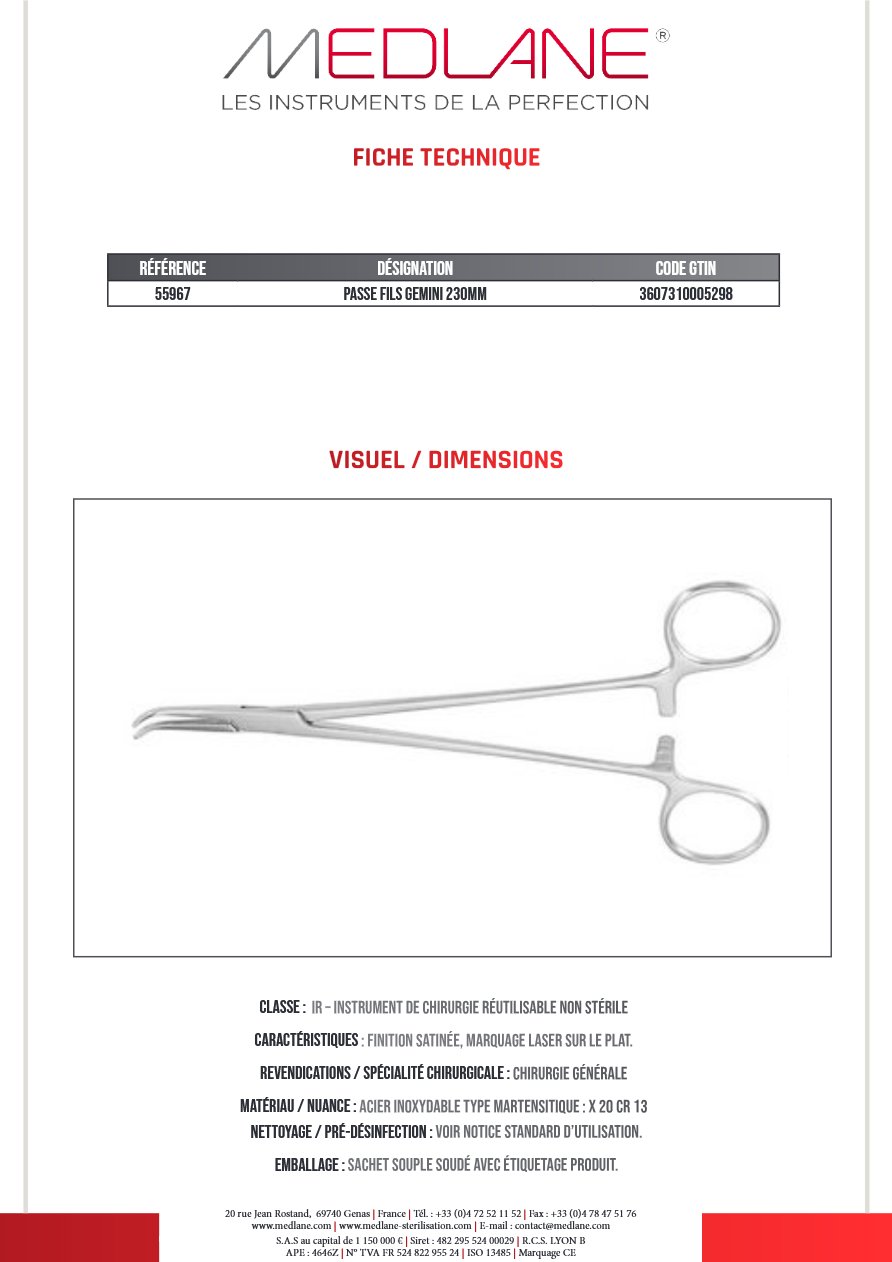 Photo produit MEDLANE : Passe Fils Gemini 230MM, référence 55967