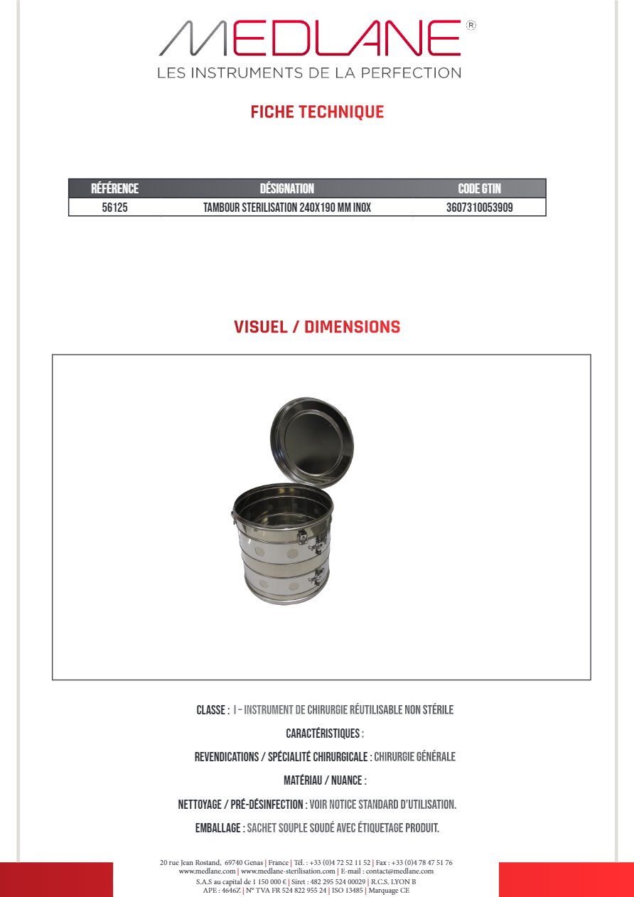Tambour Sterilisation 240X190 mm Inox — REF 56125