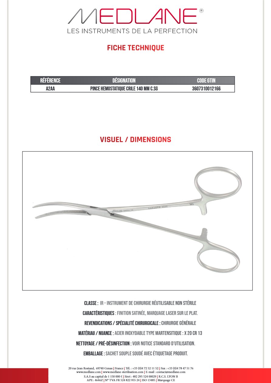 Photo produit MEDLANE : Pince Hemostatique Crile 140 Mm C. Sg, référence A2AA