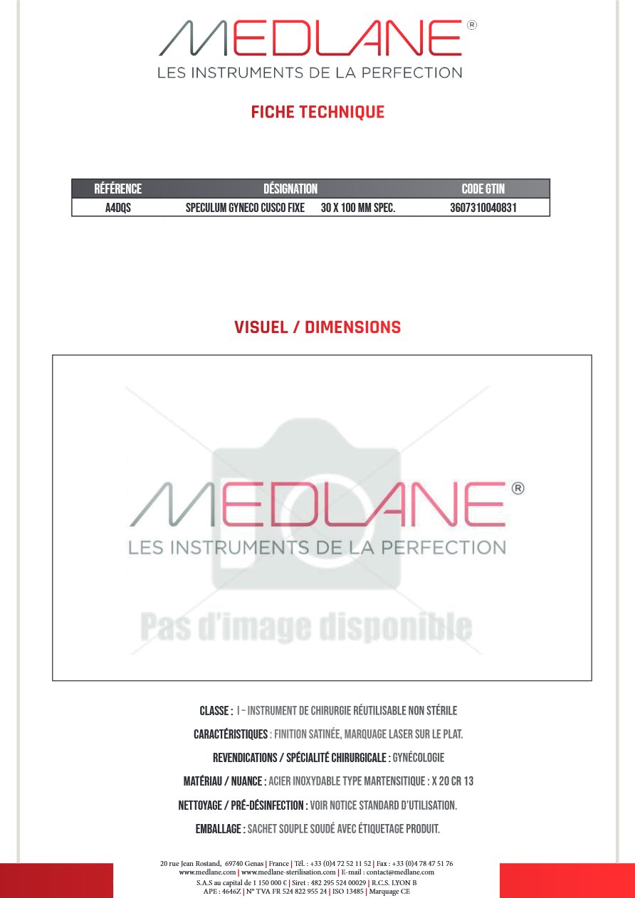 Speculum Gynécologique Cusco Fixe 30 X 100 mm Spec. — REF A4DQS