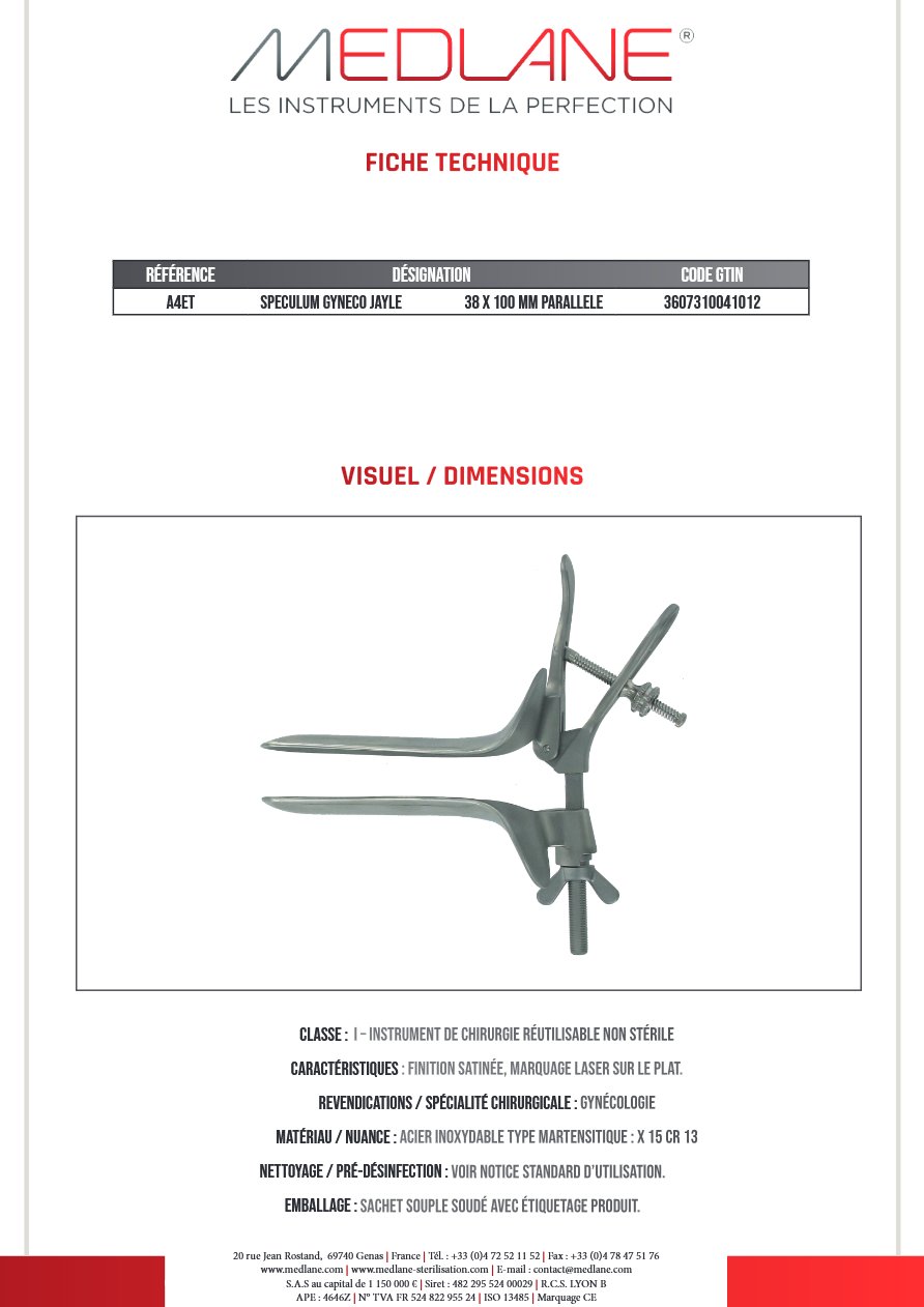 Speculum Gynécologique Jayle 38 X 100 mm Parallele — REF A4ET