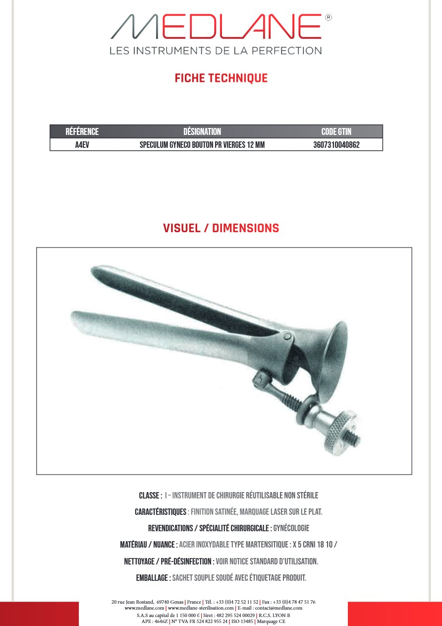 Speculum Gynécologique Bouton Pr Vierges 12 mm — REF A4EV