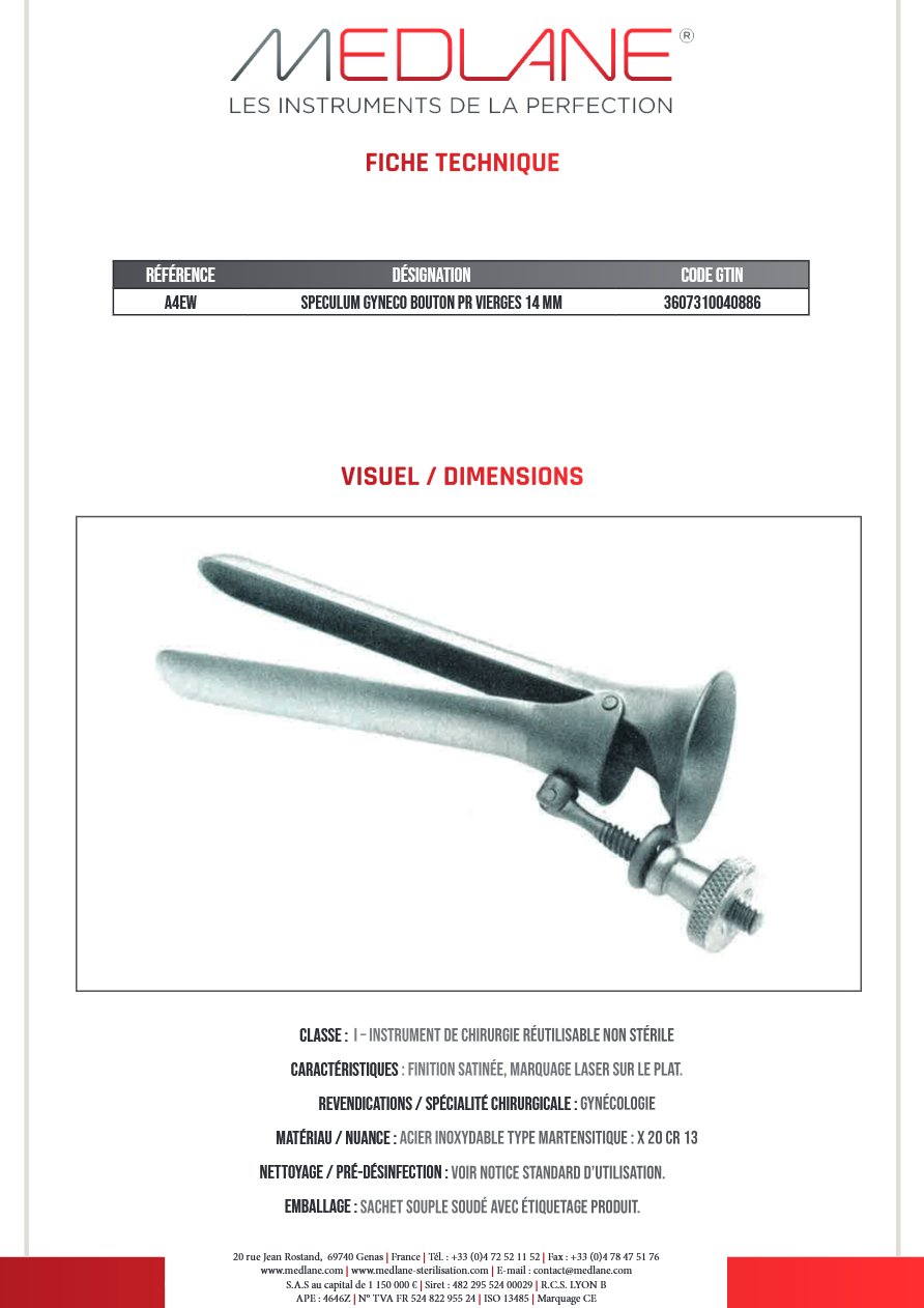 Speculum Gynécologique Bouton Pr Vierges 14 mm — REF A4EW