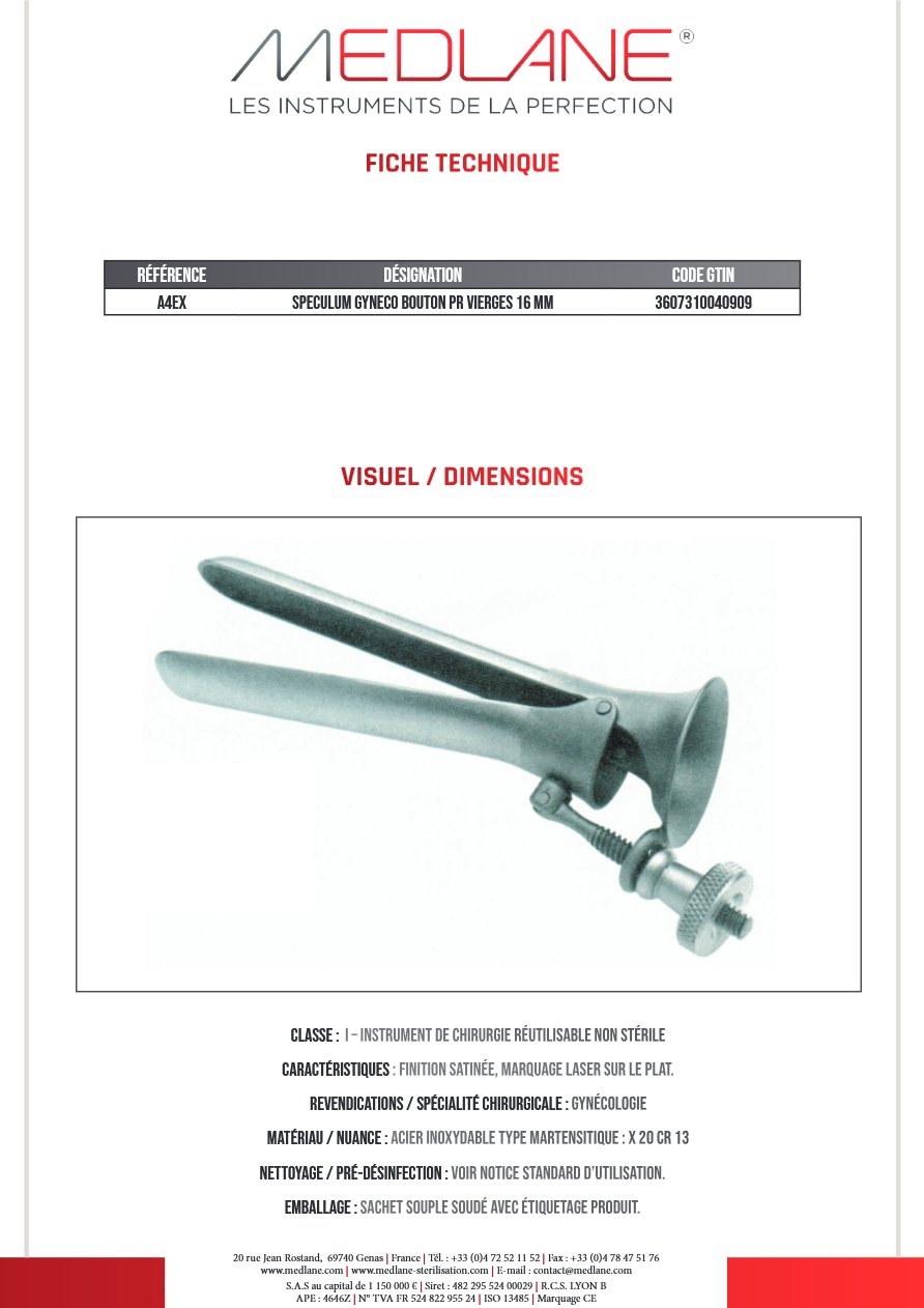 Speculum Gynécologique Bouton Pr Vierges 16 mm — REF A4EX
