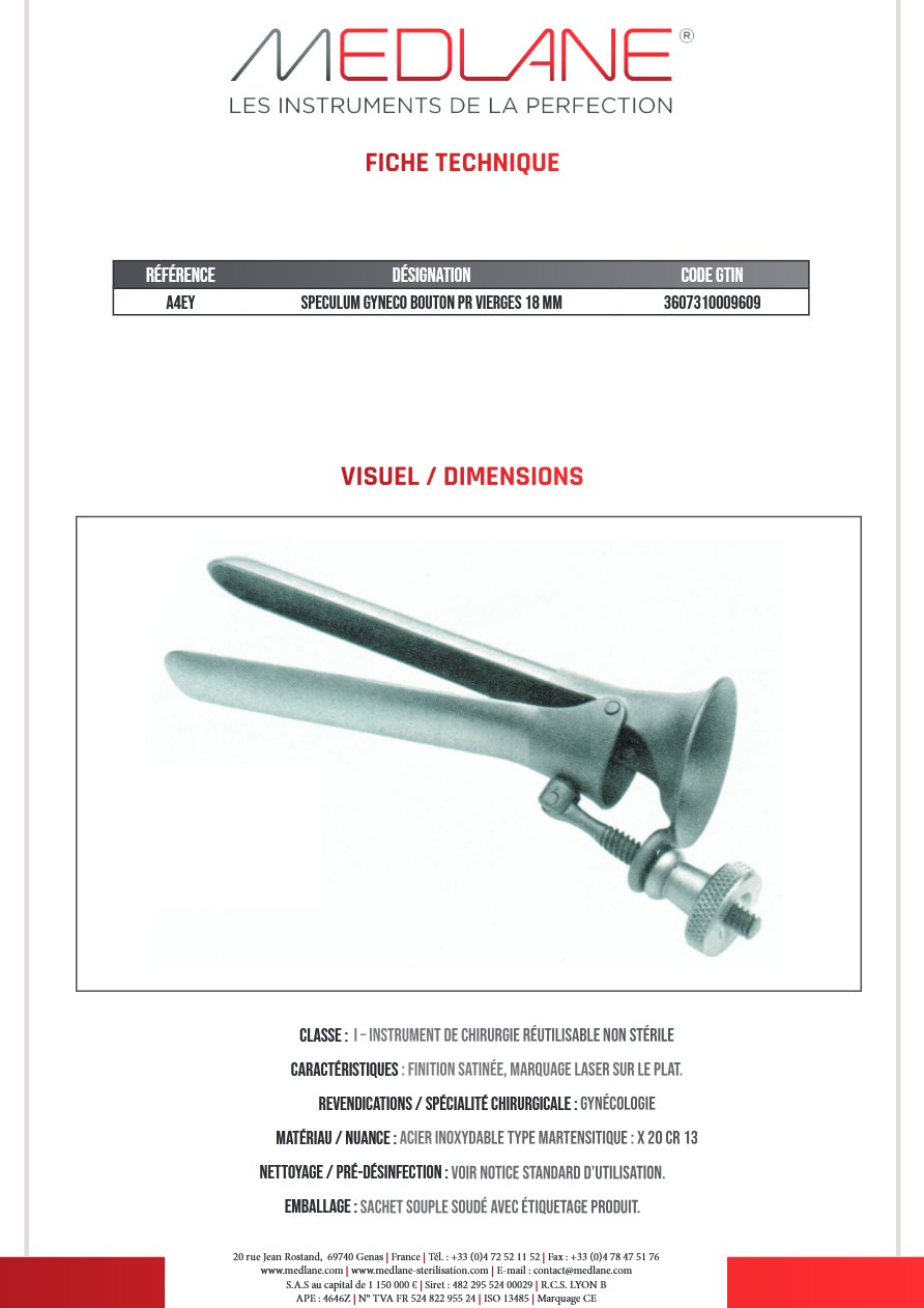 Speculum Gynécologique Bouton Pr Vierges 18 mm — REF A4EY