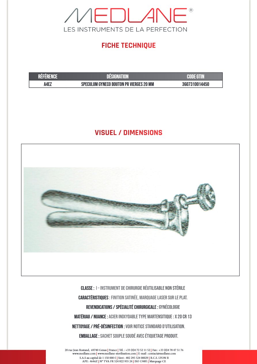 Speculum Gynécologique Bouton Pr Vierges 20 mm — REF A4EZ