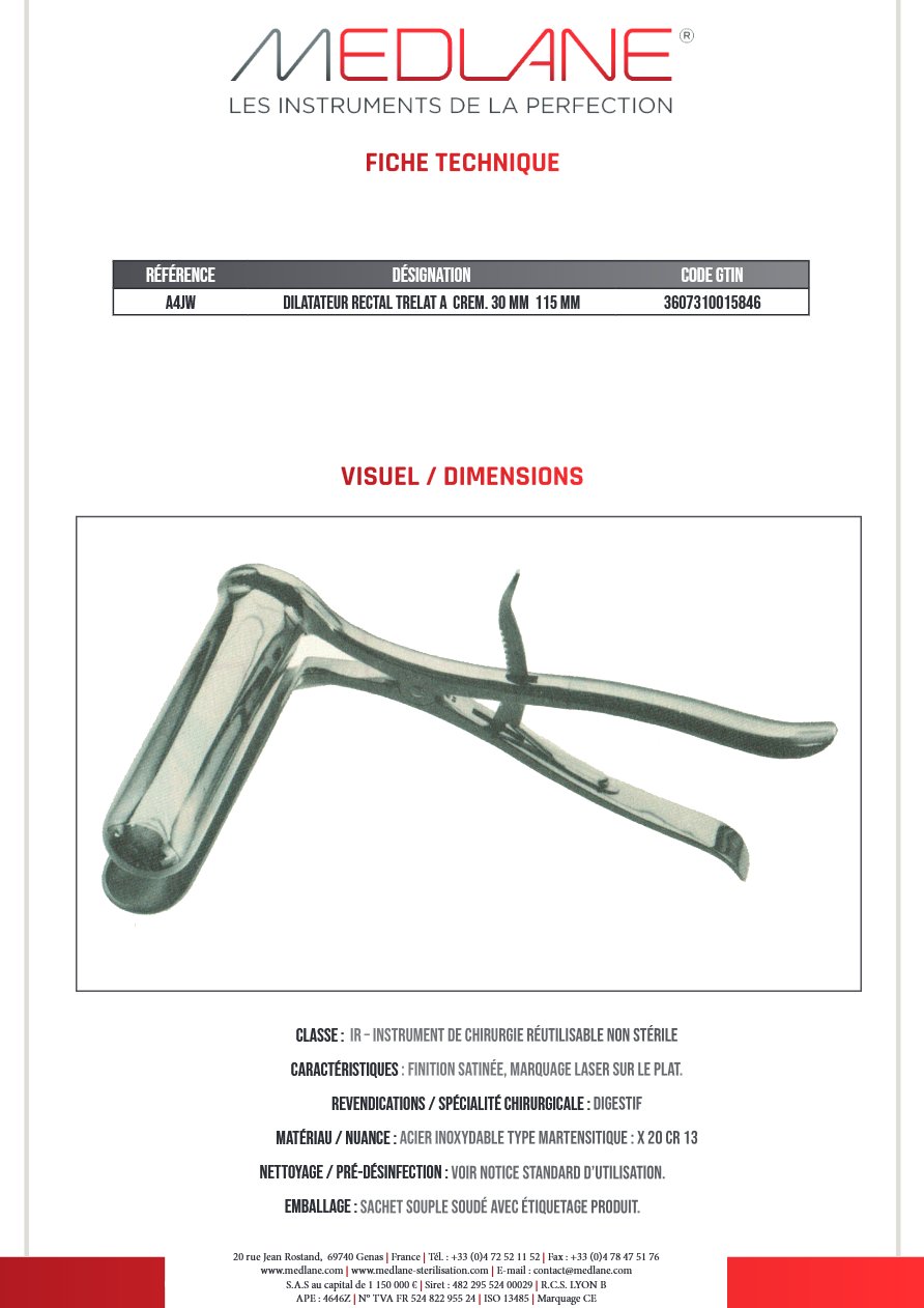 Dilatateur Rectal Trelat a Crémaillère 30 mm 115 mm — REF A4JW