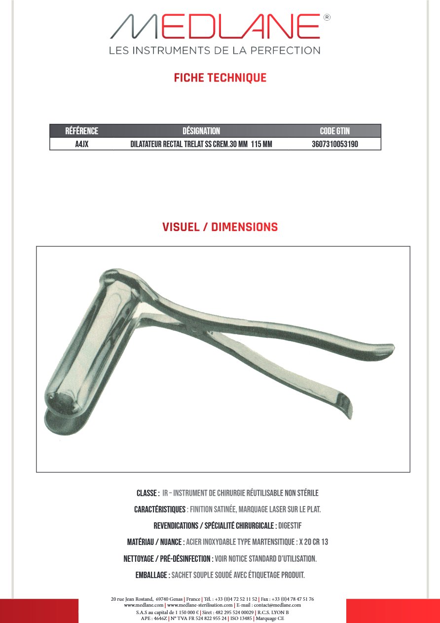 Dilatateur Rectal Trelat Ss Crémaillère 30 mm 115 mm — REF A4JX
