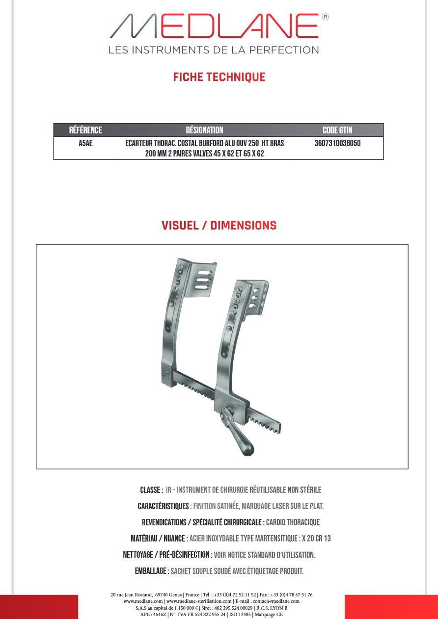 Ecarteur Thorac Costal Burford Alu Ouv 250 Ht Bras 200 mm 2 Paires Valves 45 X 62 et 65 X 62 — REF A5AE