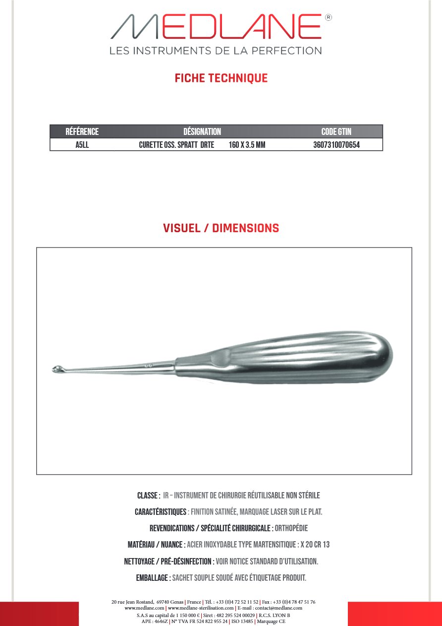 Curette Osseuse Spratt Droite 160 X 3.5 mm — REF A5LL