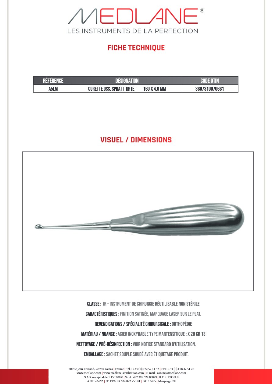 Curette Osseuse Spratt Droite 160 X 4.0 mm — REF A5LM