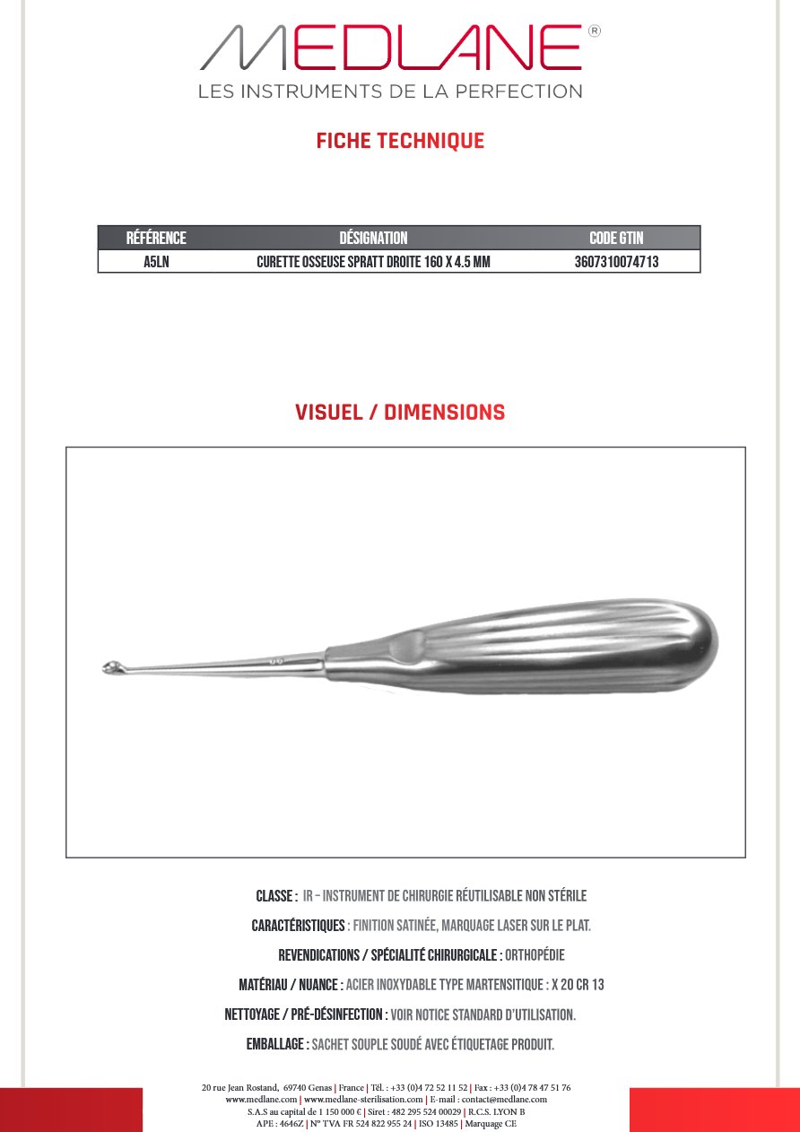 Curette Osseuse Spratt Droite 160 X 4.5 mm — REF A5LN