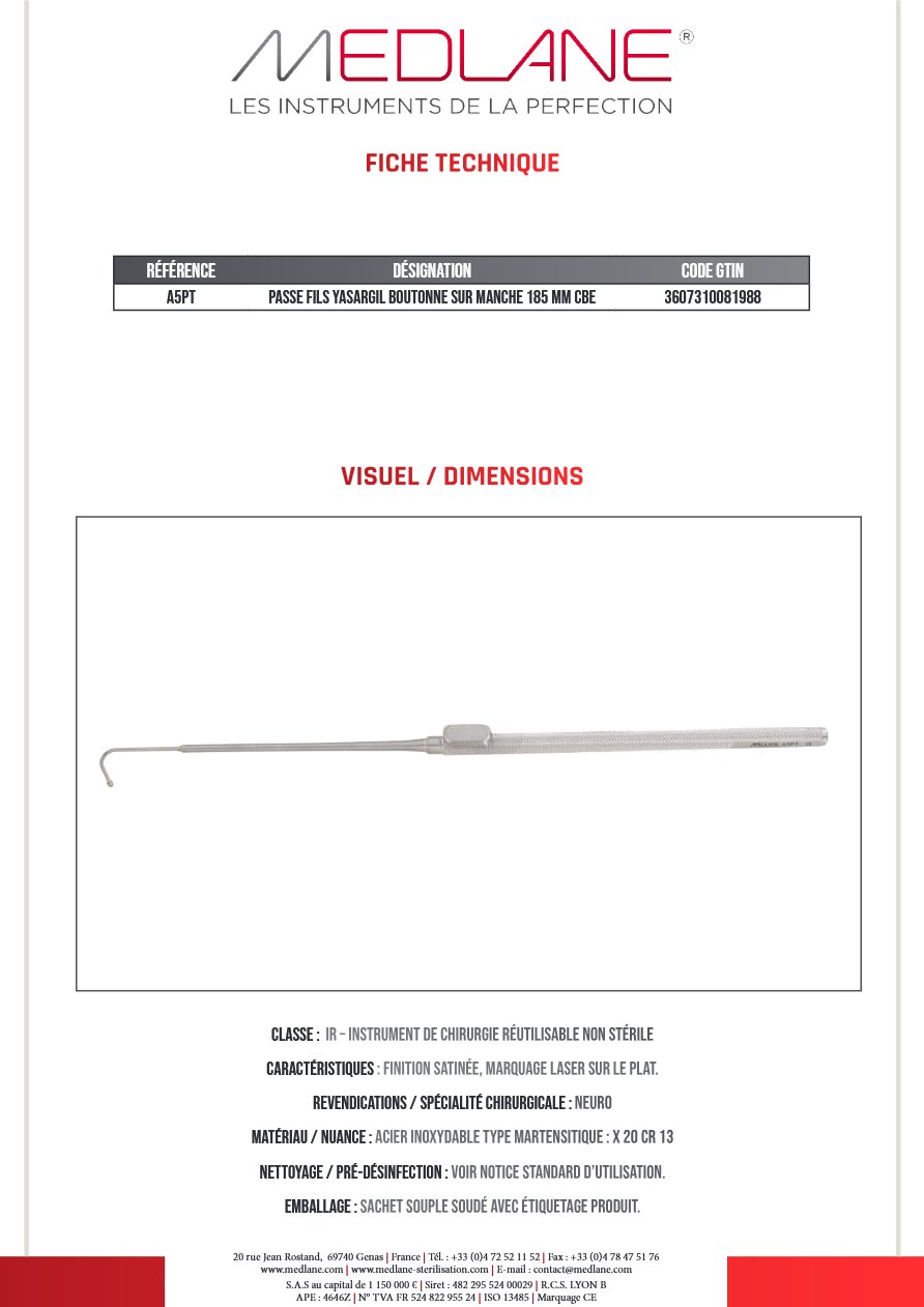 PASSE FILS YASARGIL BOUTONNE SUR MANCHE 185 MM Courbe — REF A5PT