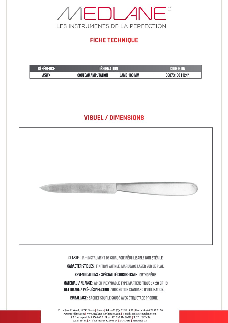 Couteau Amputation Lame 180 mm — REF A5WX