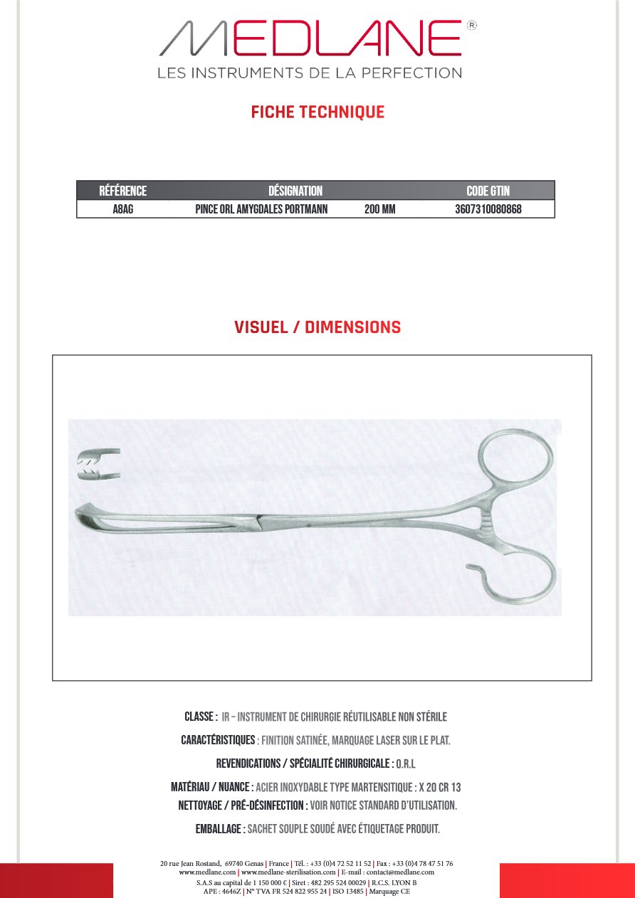 Pince O.R.L. Amygdales Portmann 200 mm — REF A8AG