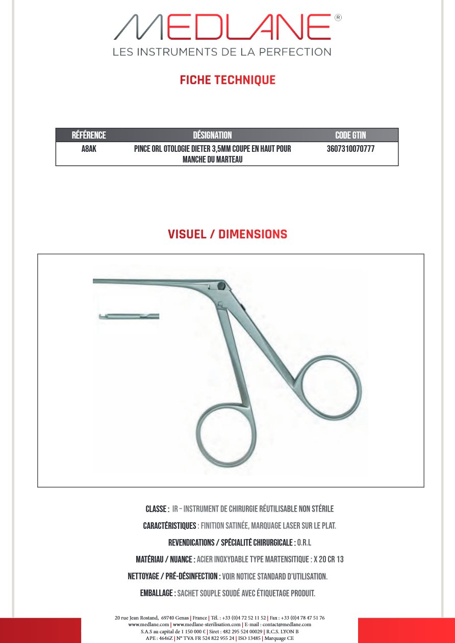 Pince O.R.L. Otologie Dieter 3,5MM Coupe En Haut pour Manche du Marteau — REF A8AK