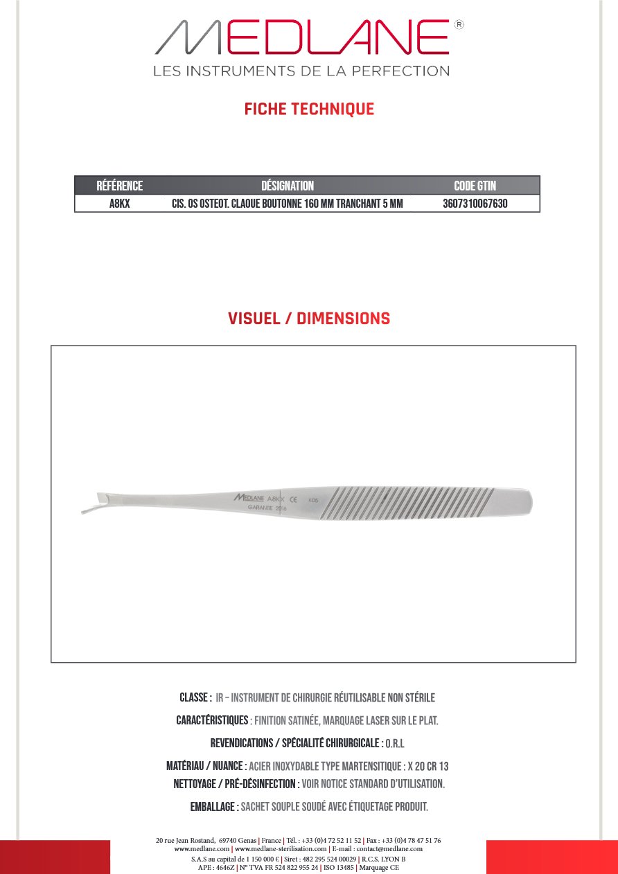 Ciseaux OS Ostéotome CLAOUE BOUTONNE 160 MM TRANCHANT 5 MM — REF A8KX