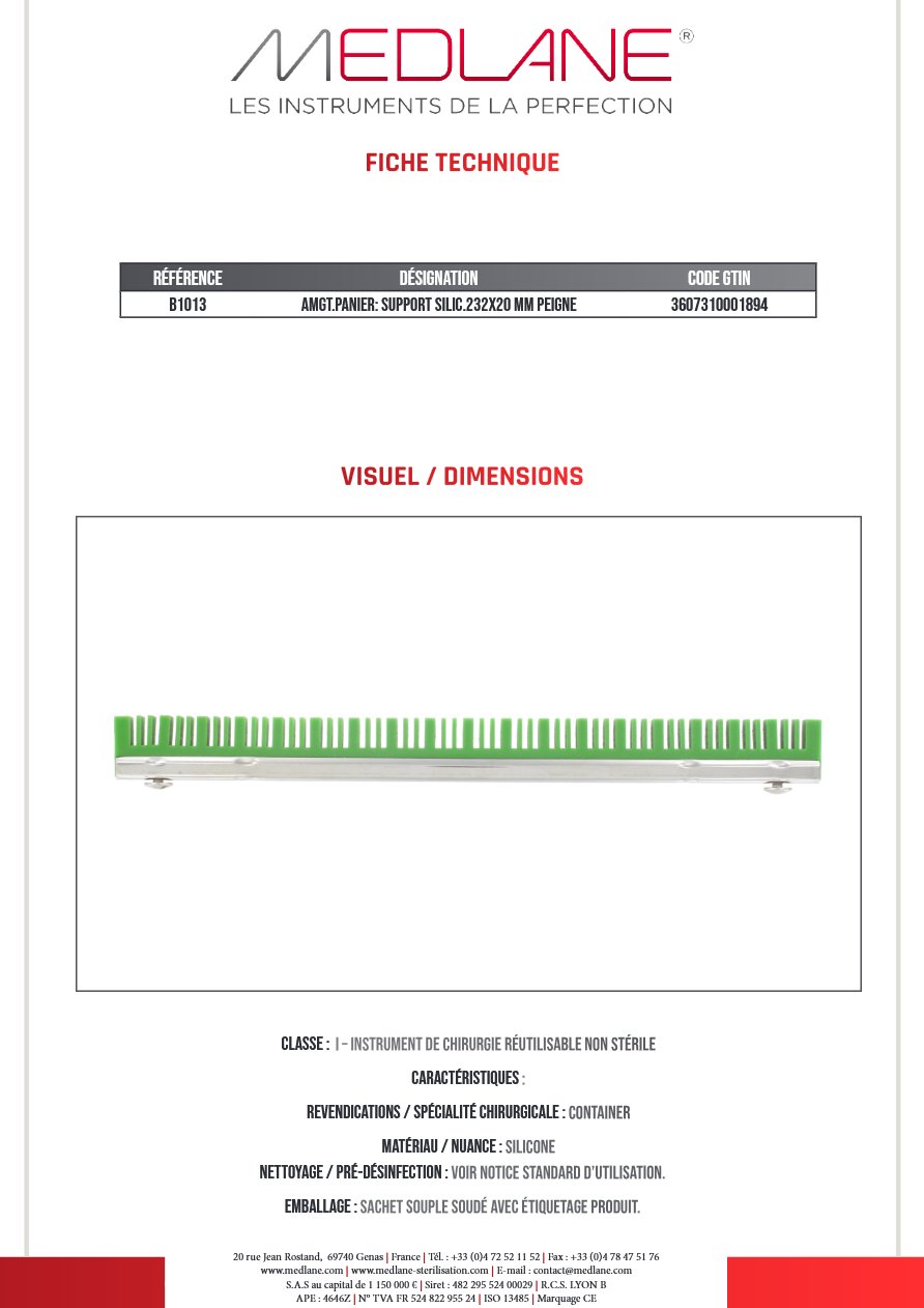 Aménagement panier: Support Silicone 232x 20 mm Peigne — REF B1013