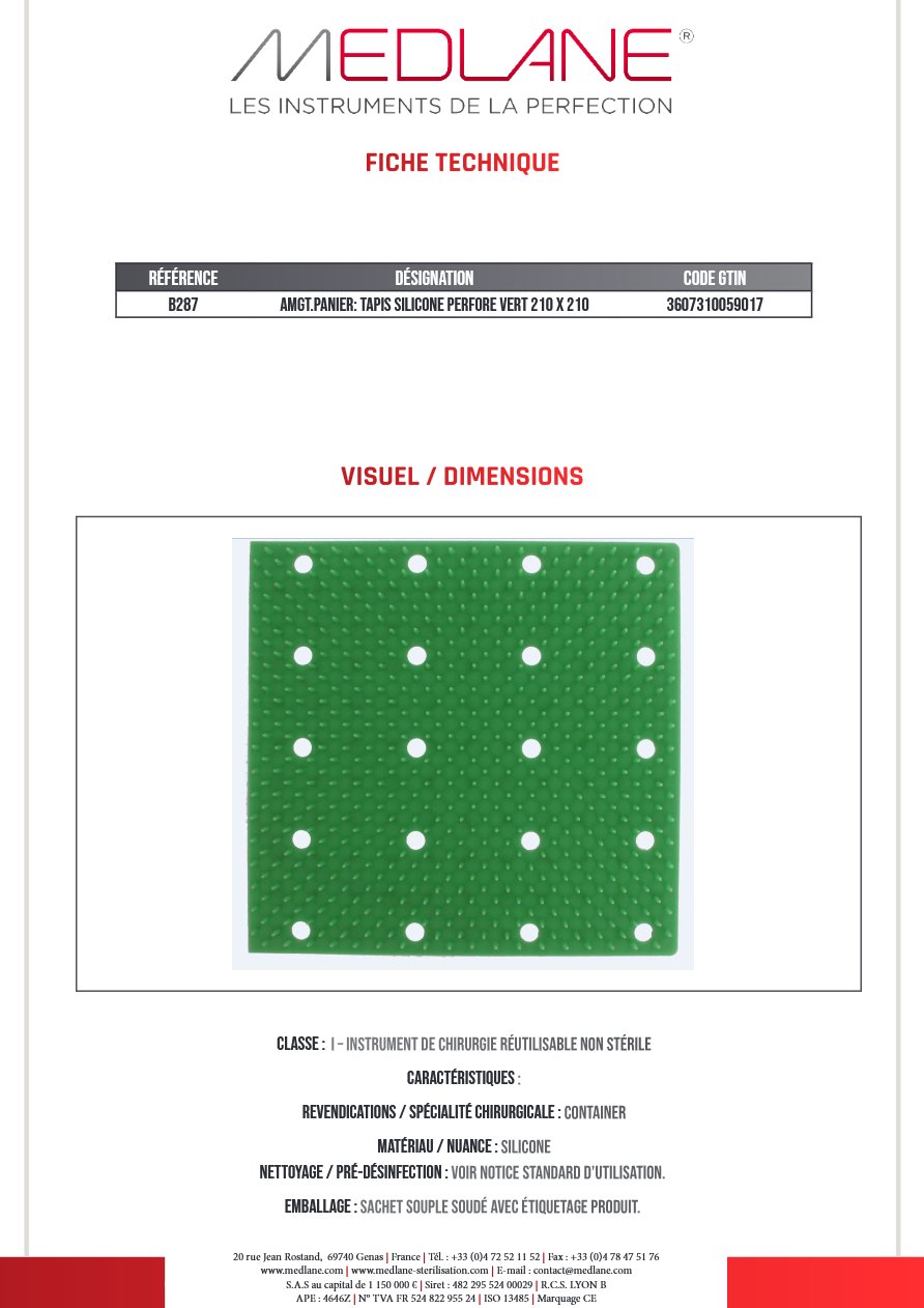 Aménagement panier: Tapis Silicone Perfore Vert 210 X 210 — REF B287