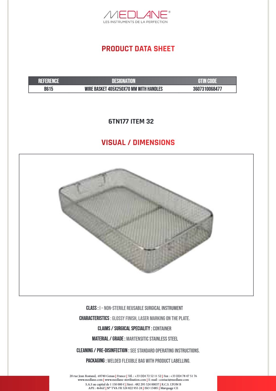 Photo produit MEDLANE : Panier Grillage 405X250X70MM Poignees Gamme H, référence B615