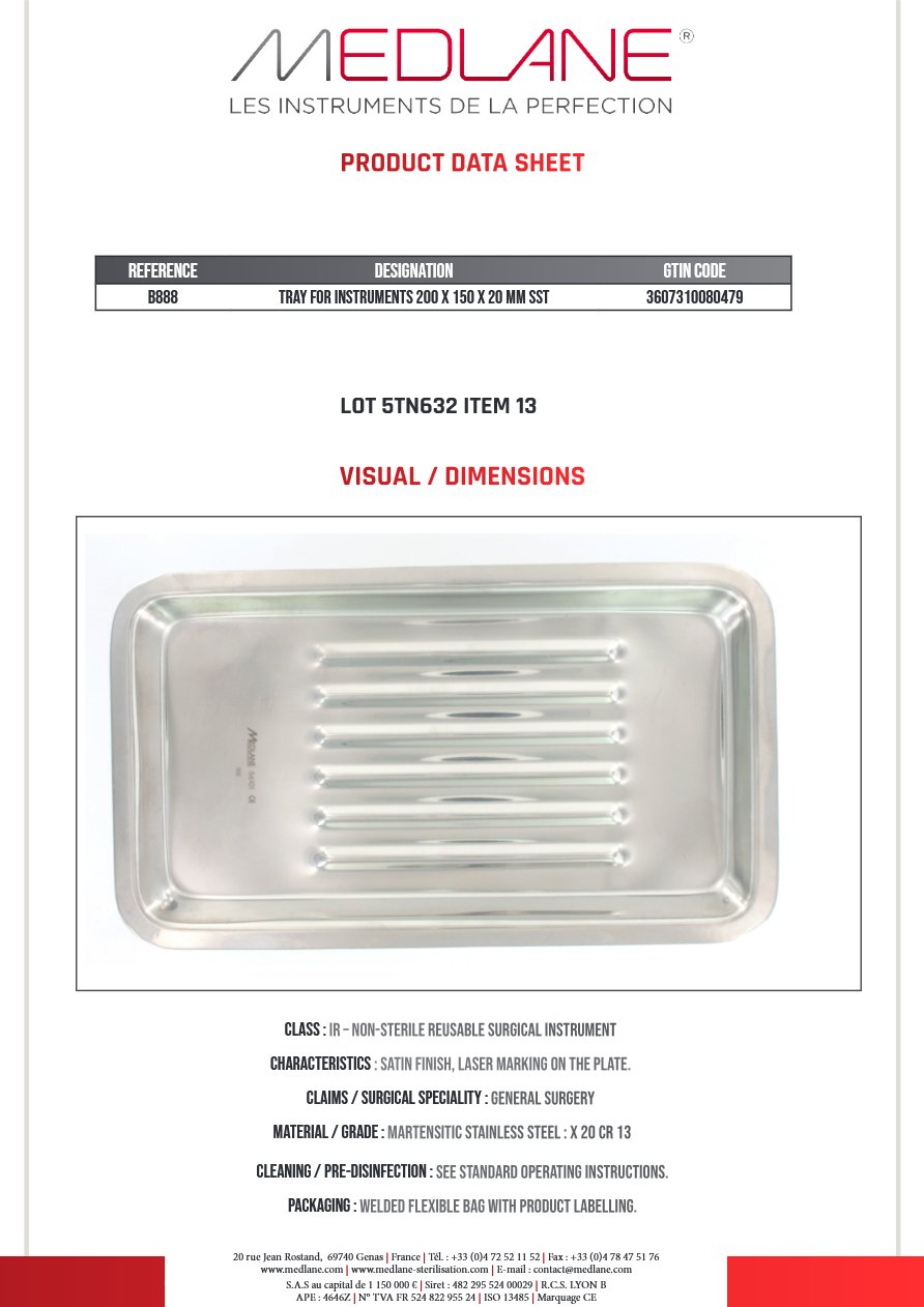 Plateau Instruments 200 X 150 X 20 mm Inox — REF B888