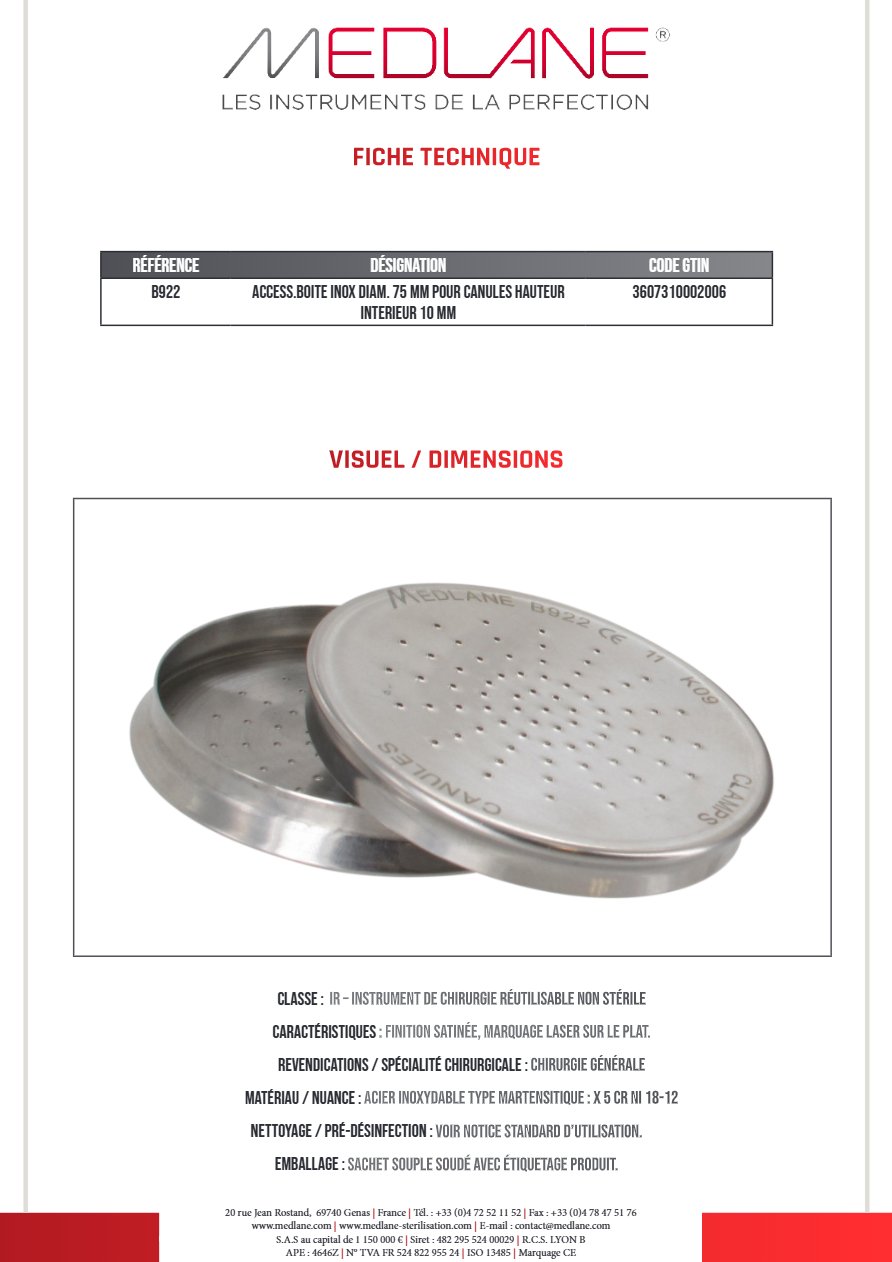 Accessoire boite Inox Diamètre 75 mm pour Canules Hauteur Interieur 10 mm — REF B922