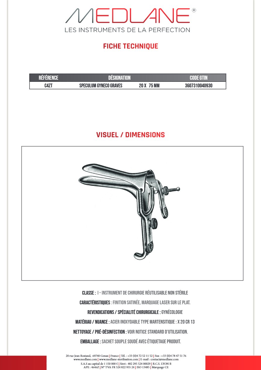 Speculum Gynécologique Graves 20 X 75 mm — REF C4ZT