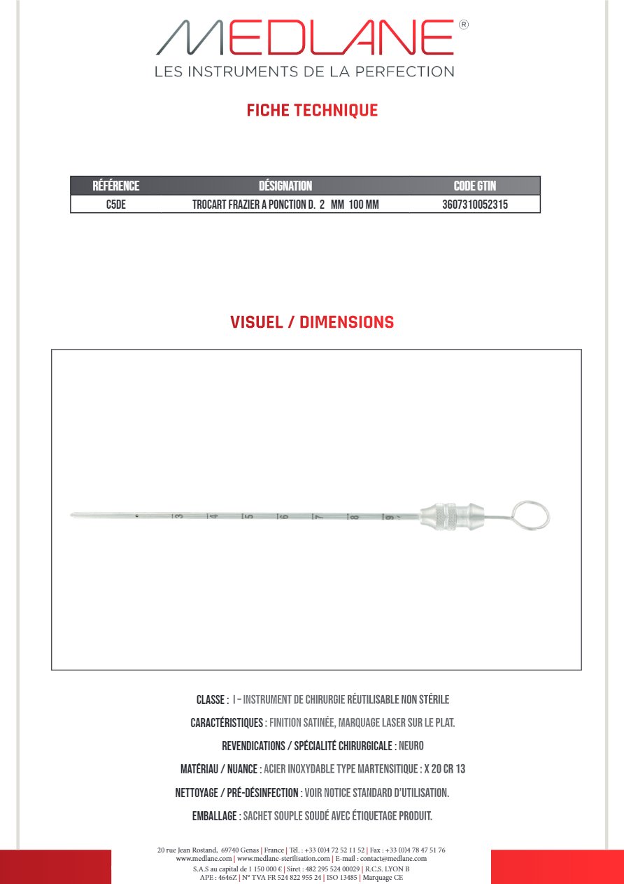 Trocart Frazier a Ponction Diamètre 2 mm 100 mm — REF C5DE