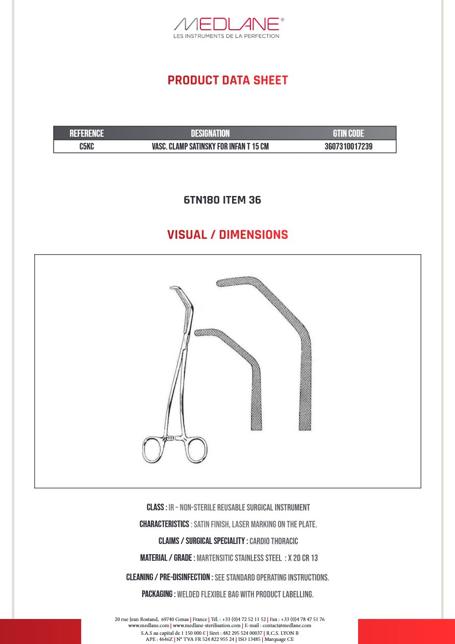 Photo produit MEDLANE : Clamp Vasculaire Satinsky Occlusion Tangentielle Non Atrau Pr Enfant 150 mm, référence C5KC