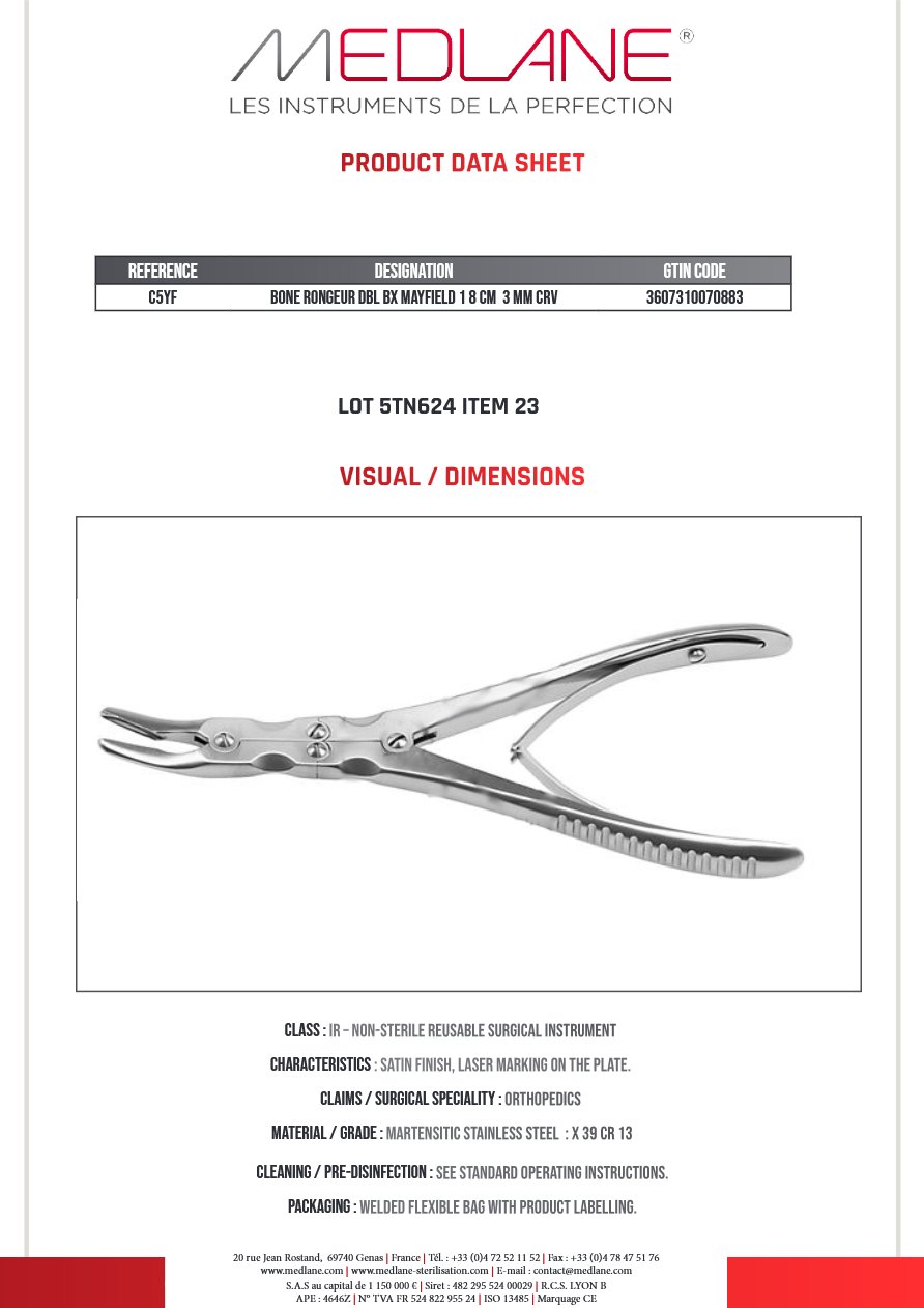 Photo produit MEDLANE : Pince Gouge Double Articulation Mayfield 180 X 3MM Courbe, référence C5YF