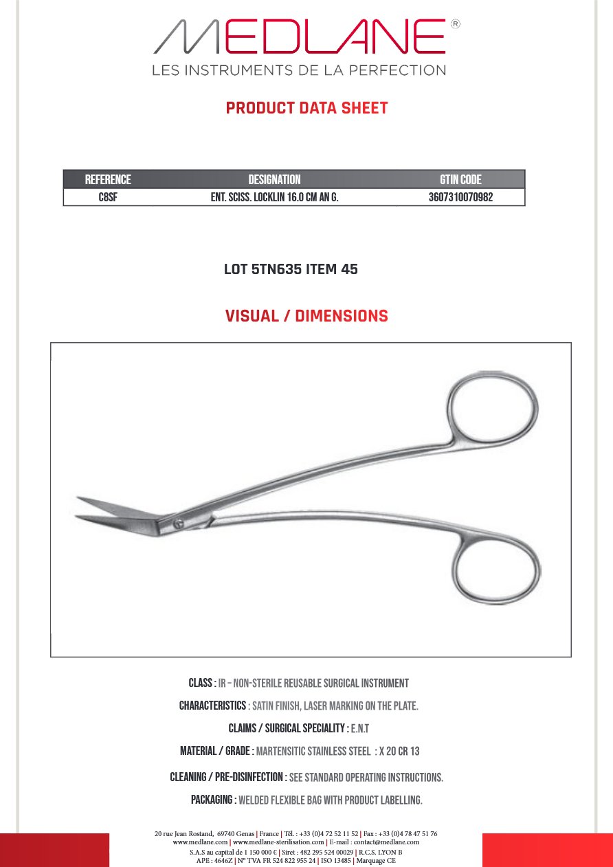 Ciseaux O. R. L. Locklin 160 mm Coudé — REF C8SF