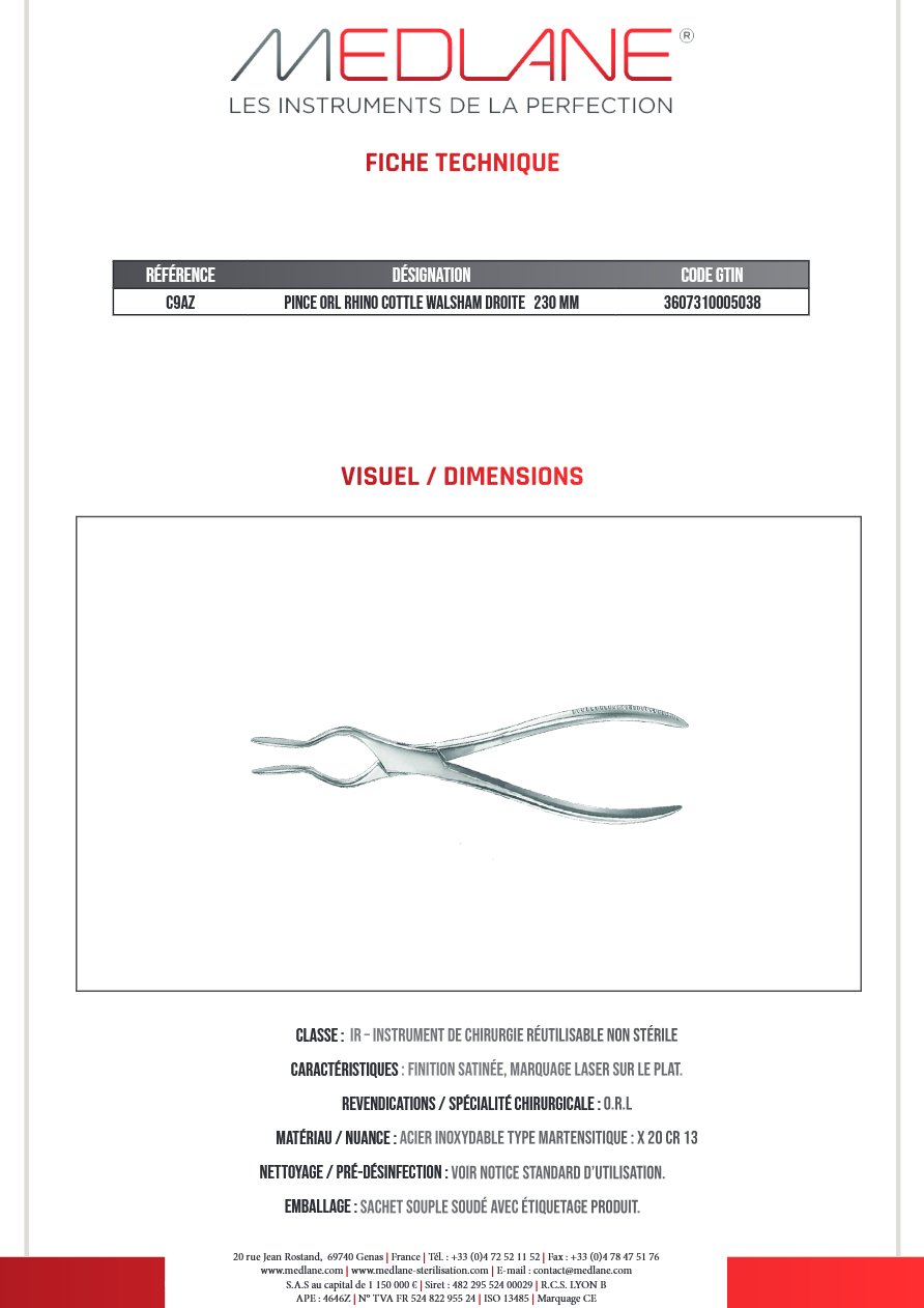 Pince O.R.L. Rhino Cottle Walsham Droite 230 mm — REF C9AZP