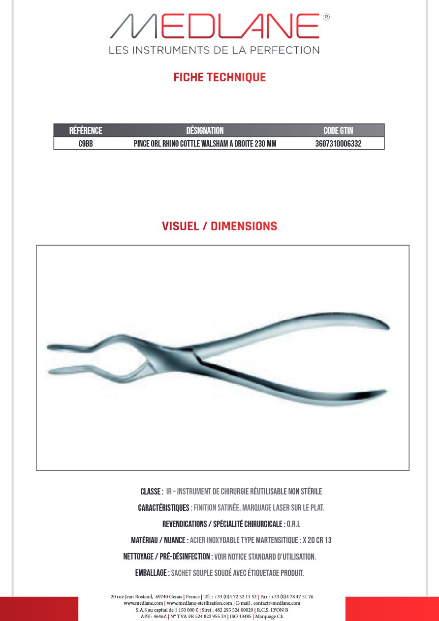 Pince O.R.L. Rhino Cottle Walsham a Droite 230 mm — REF C9BBP
