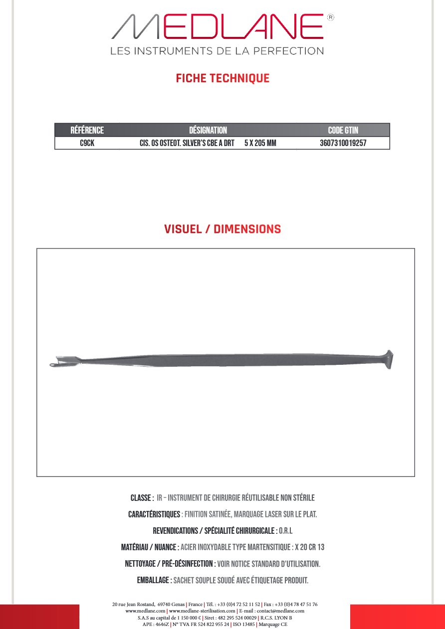 Ciseaux Os Ostéotome Silver's Courbe a Droit 5 X 205 mm — REF C9CKP