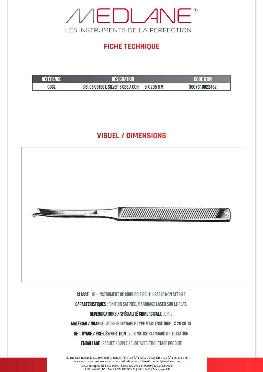 Ciseaux Os Ostéotome Silver's Courbe a Gch 5 X 205 mm — REF C9CLP